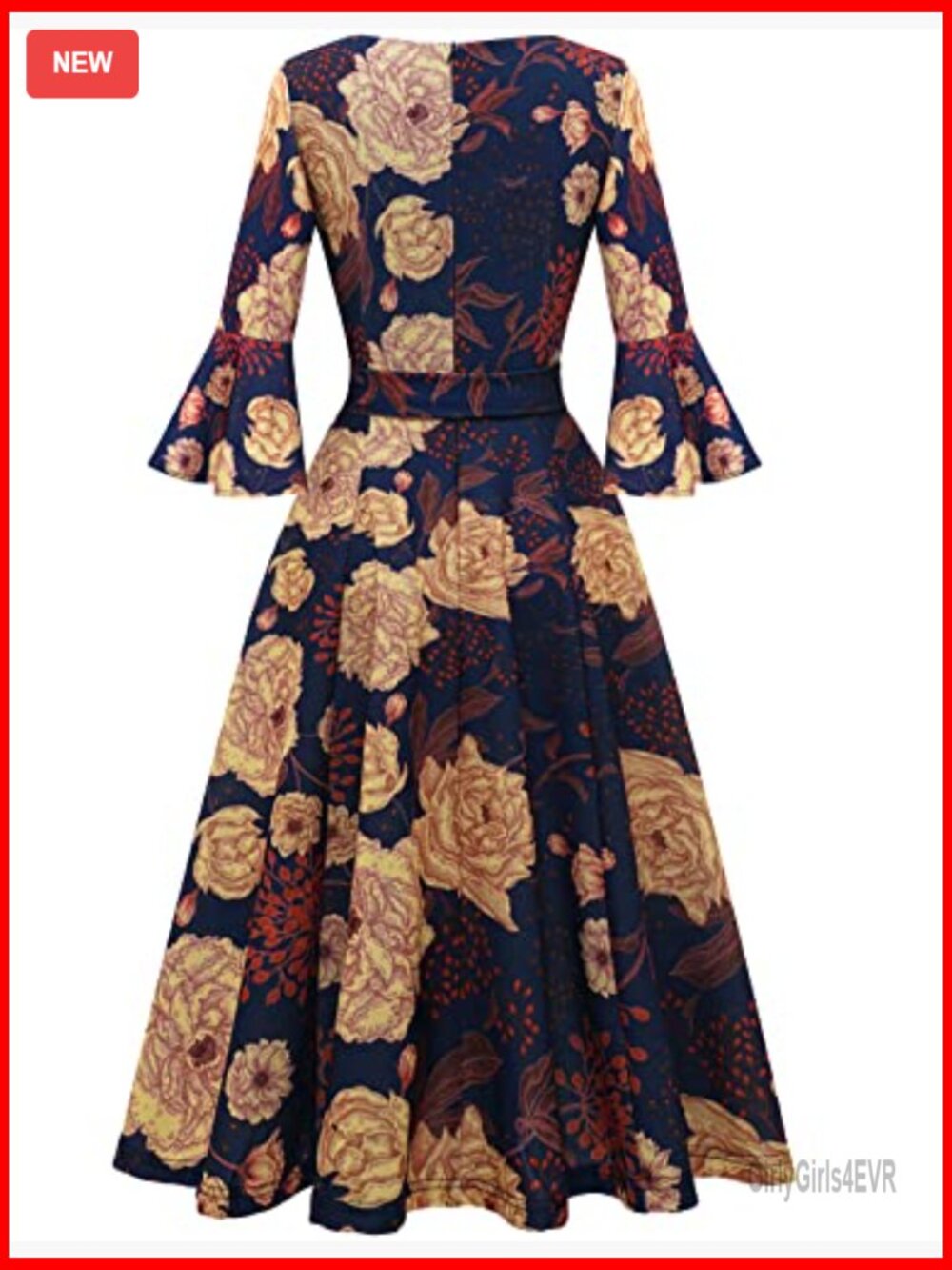 Velvet Bell Sleeve Midi Dress for Wedding Guest Church Holiday - Picture 4 of 6